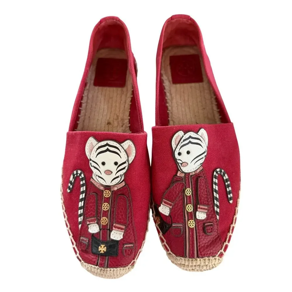 Tory Burch Tilly The Tiger Red Canvas & Leather Slip On Espadrille Flats